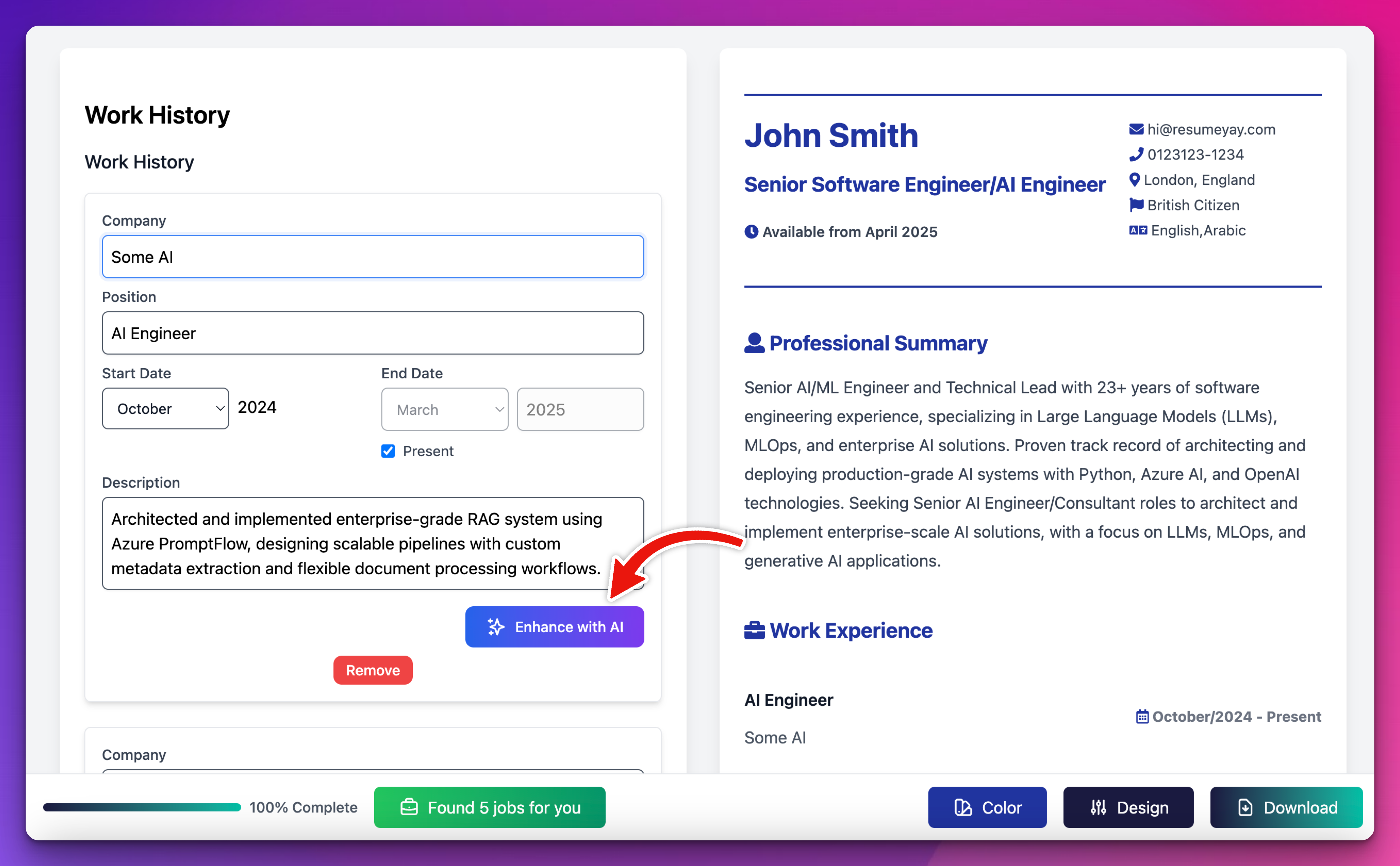 Resume Work History description with AI
