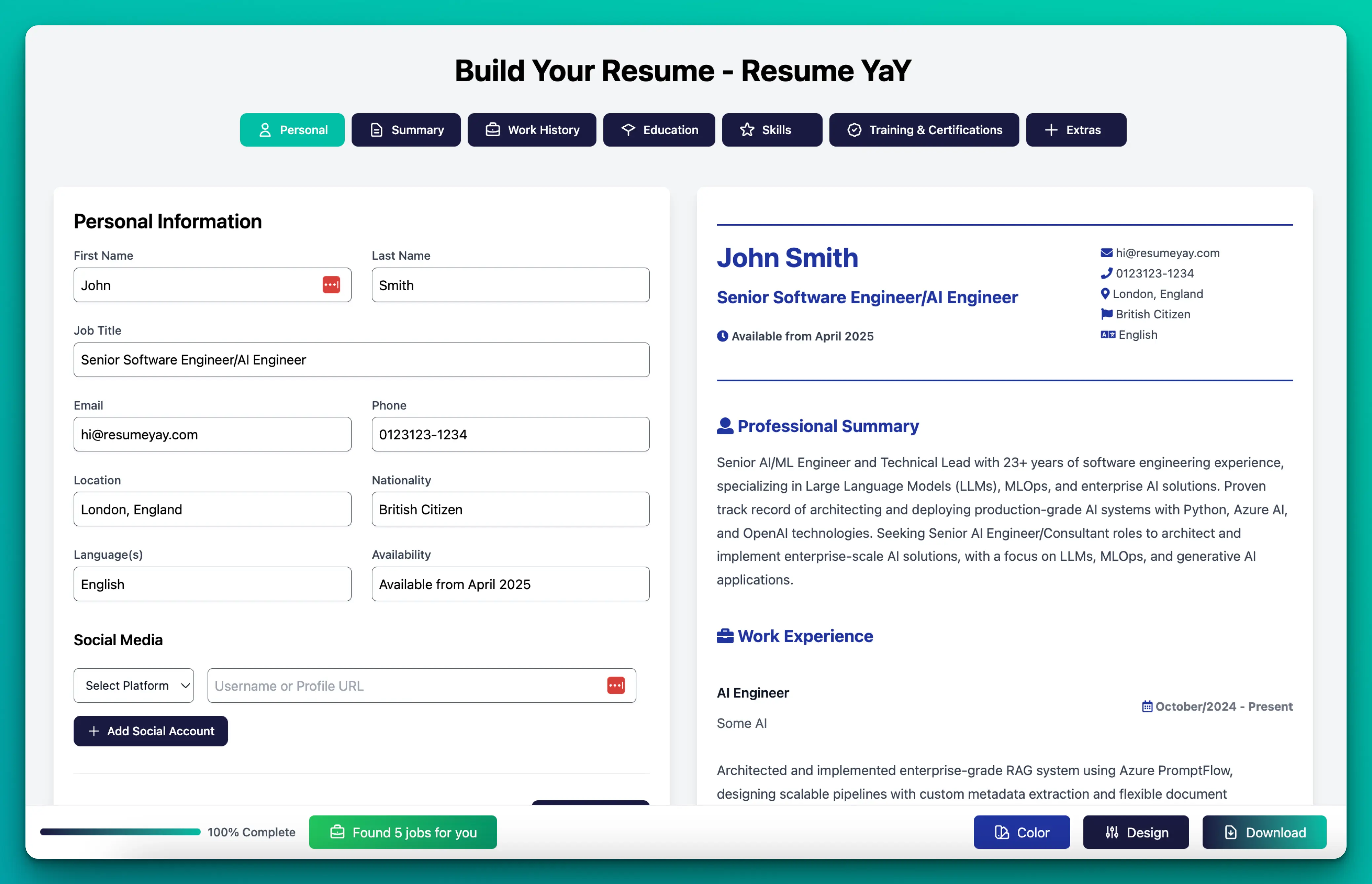 Free AI Resume Builder online with no payment and no sign-up. Build for free and have unlimited downloads in high quality PDF